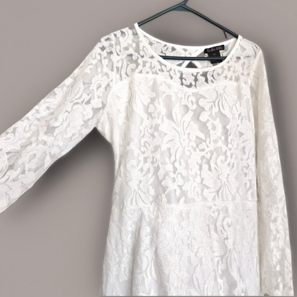 KoKo-Ailis White Lace Dress Midi Long Sleeve Keyhole Back 2X Party Wedding NWT - Picture 3 of 11